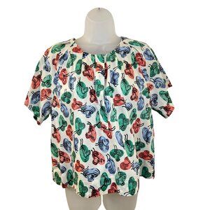 J. Crew Off-White Hat Print Short Sleeve Blouse Size 12
